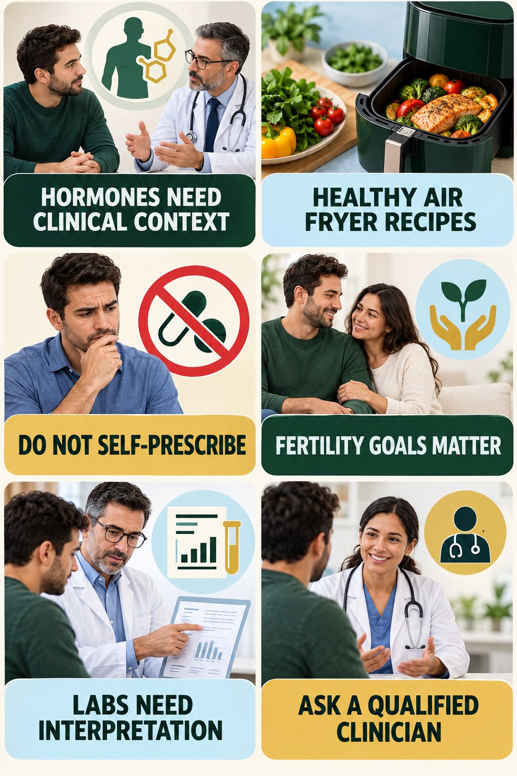 Testosterone Products Can Affect Fertility Context infographic for Healthy Air Fryer Recipes with four concise, non-shaming sexual-health education points.