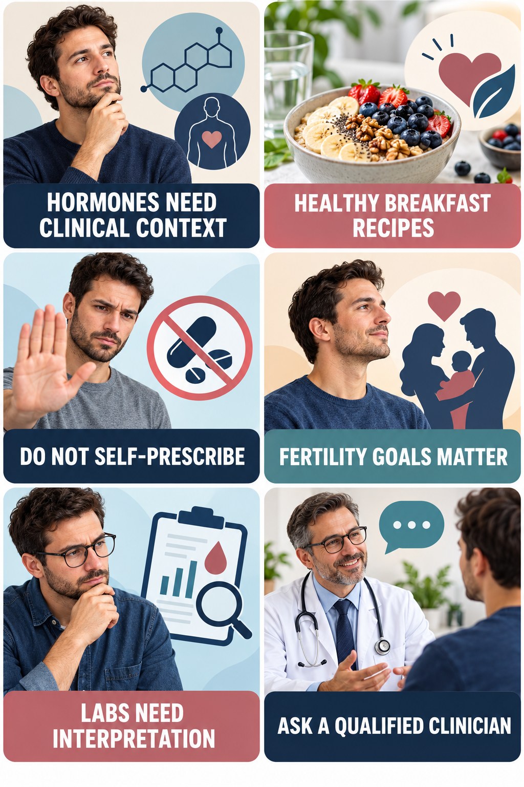 Testosterone Products Can Affect Fertility Context infographic for Healthy Breakfast Recipes with four concise, non-shaming sexual-health education points.