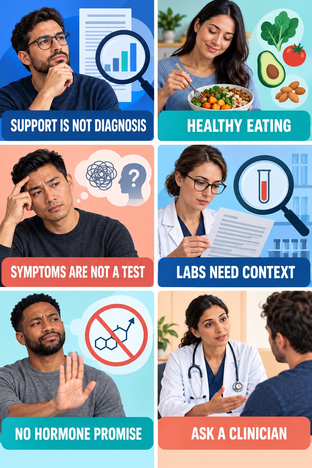 Testosterone Support Is Not a Diagnosis evidence-literacy infographic for Healthy Eating with four concise claim-evaluation checks.