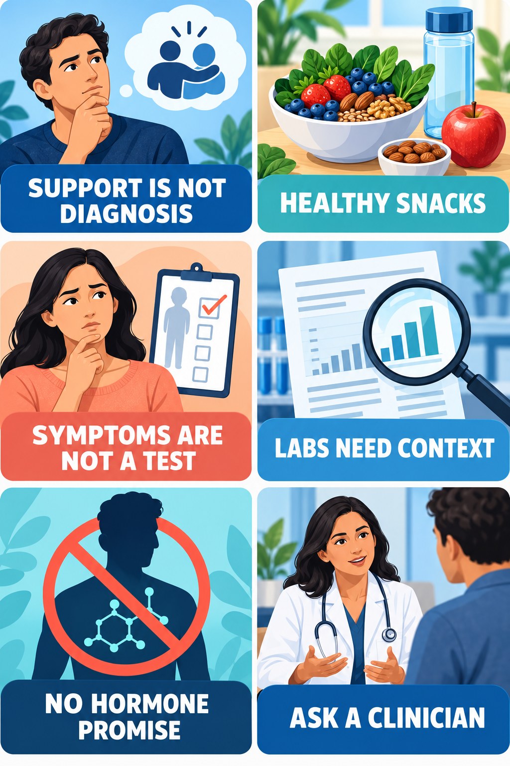 Testosterone Support Is Not a Diagnosis evidence-literacy infographic for Healthy Snacks with four concise claim-evaluation checks.