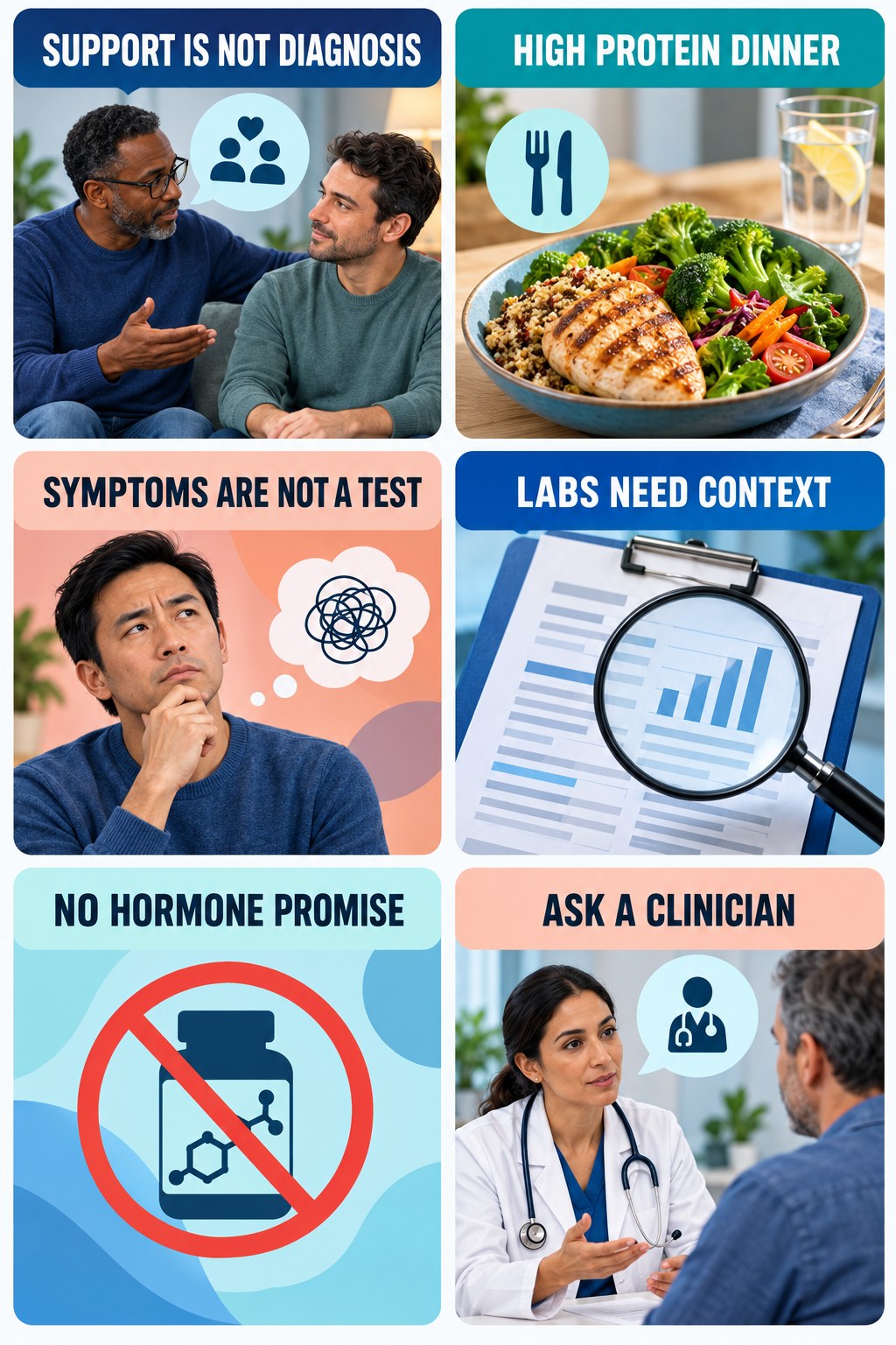 Testosterone Support Is Not a Diagnosis evidence-literacy infographic for High Protein Dinner with four concise claim-evaluation checks.