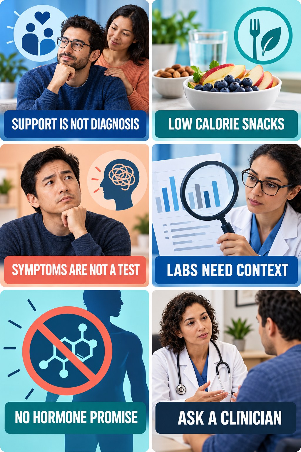 Testosterone Support Is Not a Diagnosis evidence-literacy infographic for Low Calorie Snacks with four concise claim-evaluation checks.