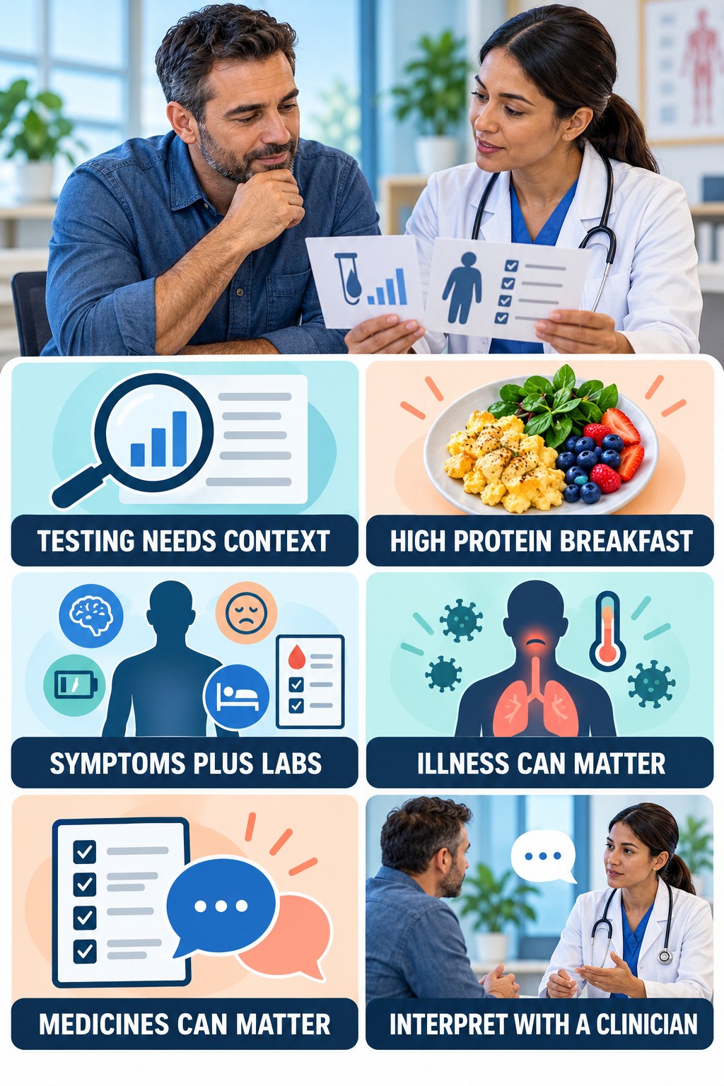 Testosterone Testing Needs Context testosterone-health-awareness infographic for High Protein Breakfast with four concise educational checks.