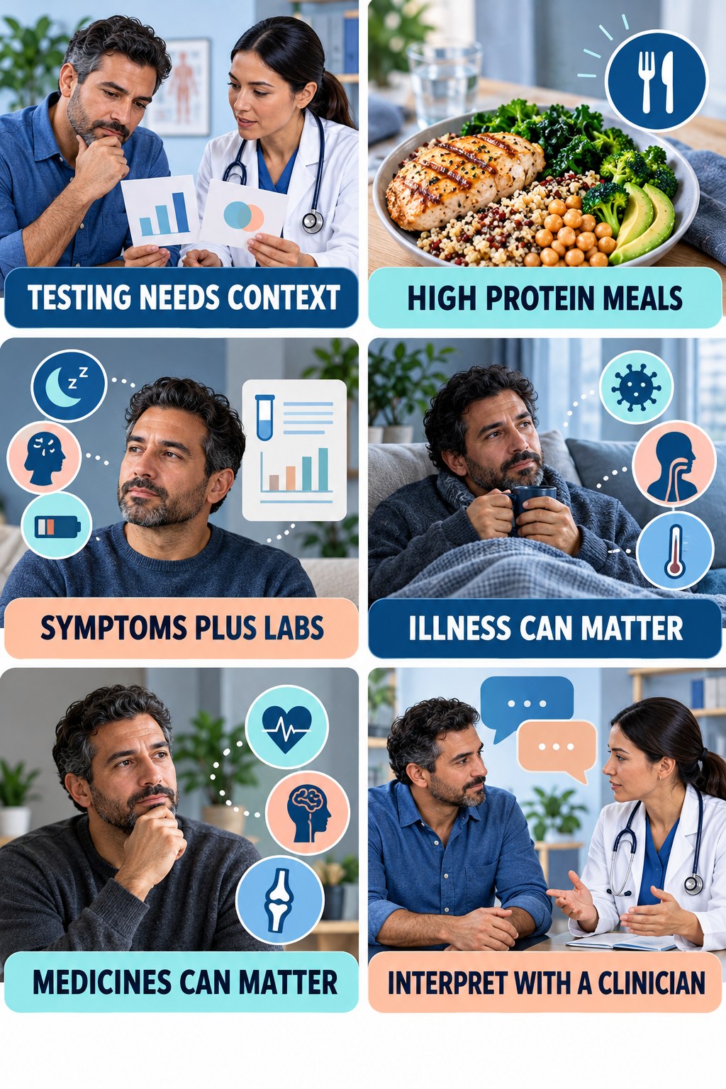 Testosterone Testing Needs Context testosterone-health-awareness infographic for High Protein Meals with four concise educational checks.