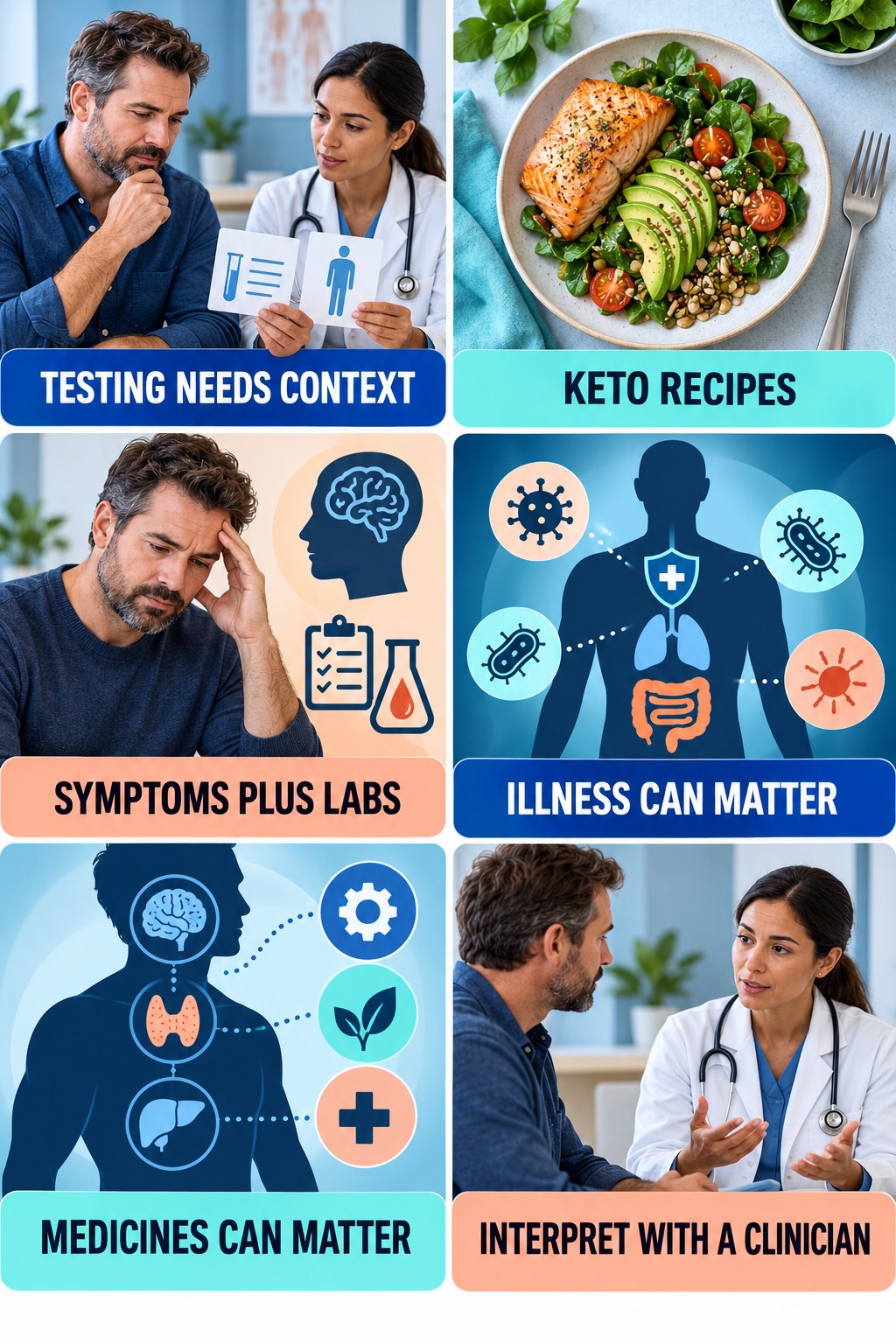 Testosterone Testing Needs Context testosterone-health-awareness infographic for Keto Recipes with four concise educational checks.