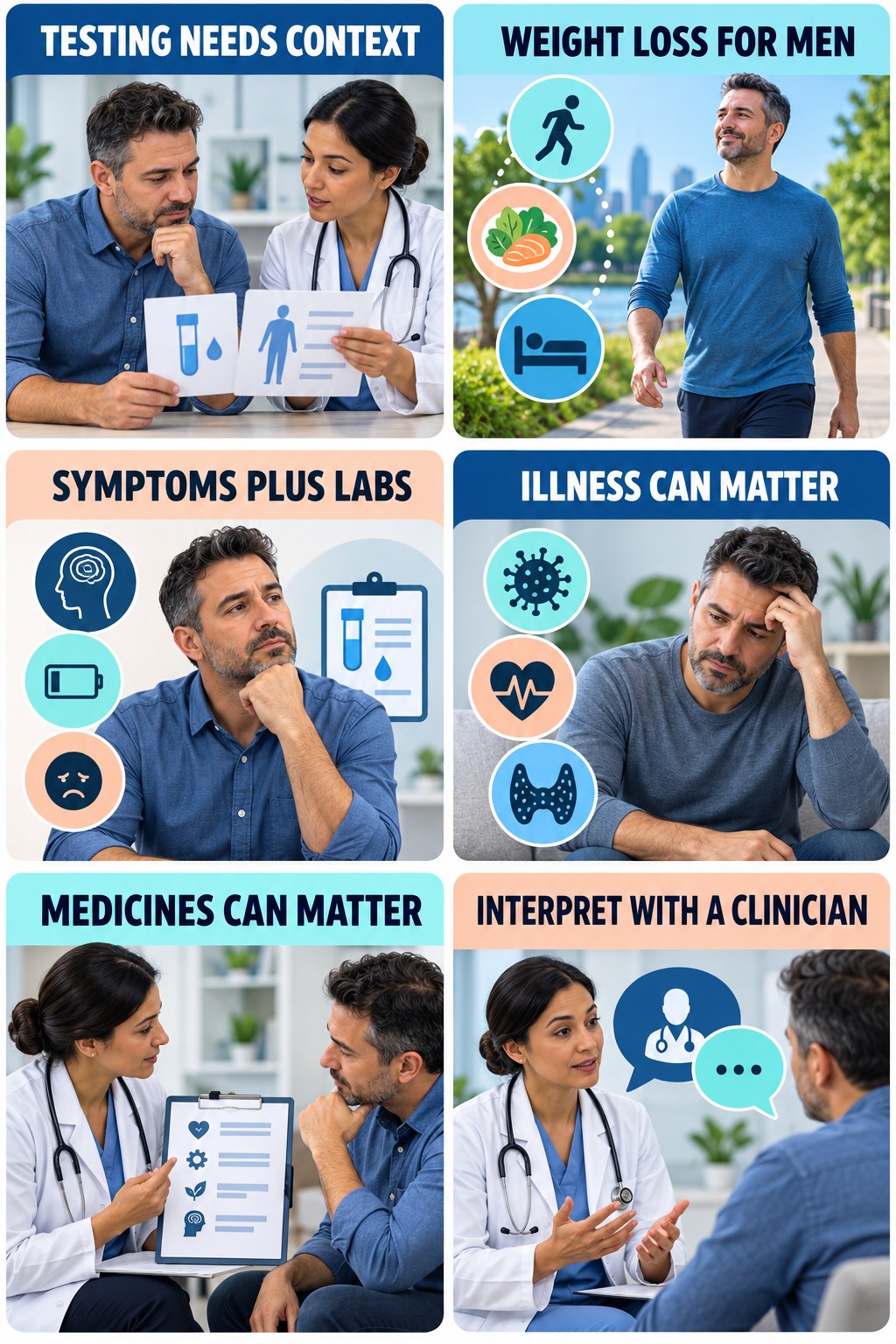 Testosterone Testing Needs Context testosterone-health-awareness infographic for Weight Loss for Men with four concise educational checks.