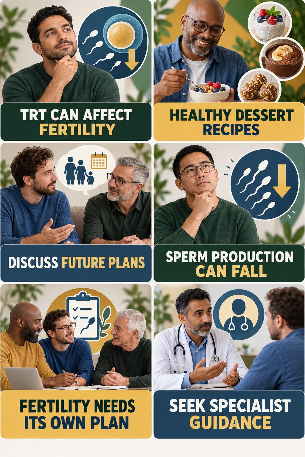 Testosterone Therapy Can Affect Fertility testosterone-health-awareness infographic for Healthy Dessert Recipes with four concise educational checks.