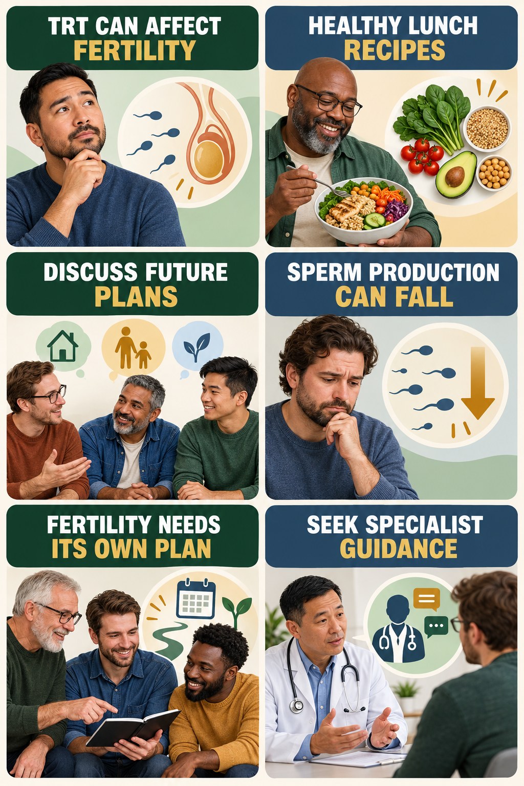 Testosterone Therapy Can Affect Fertility testosterone-health-awareness infographic for Healthy Lunch Recipes with four concise educational checks.
