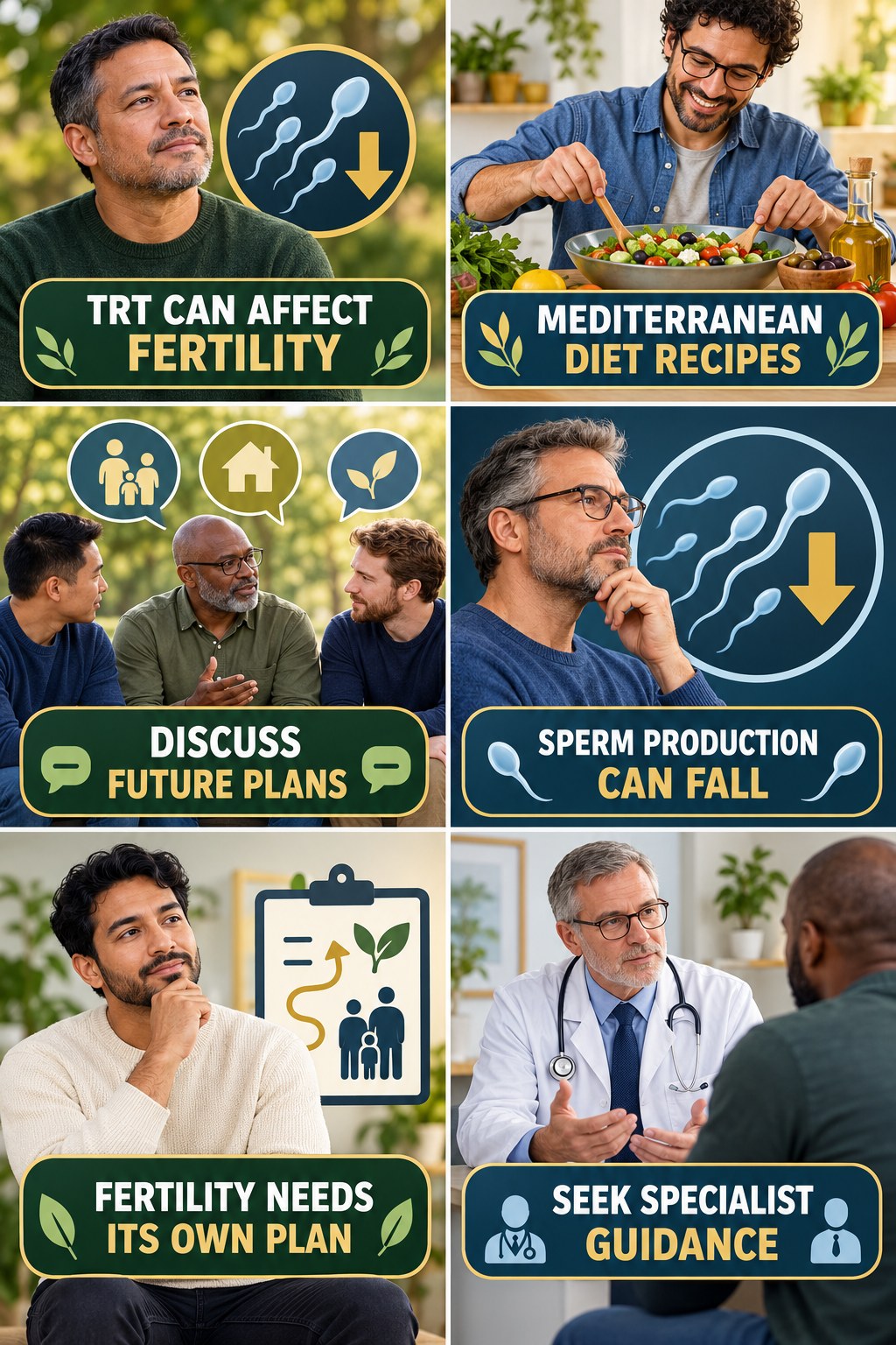 Testosterone Therapy Can Affect Fertility testosterone-health-awareness infographic for Mediterranean Diet Recipes with four concise educational checks.