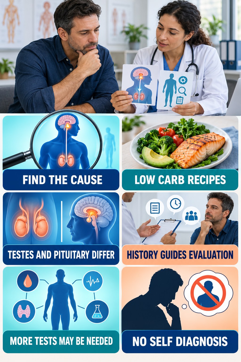 The Cause Matters After Confirmation testosterone-health-awareness infographic for Low Carb Recipes with four concise educational checks.