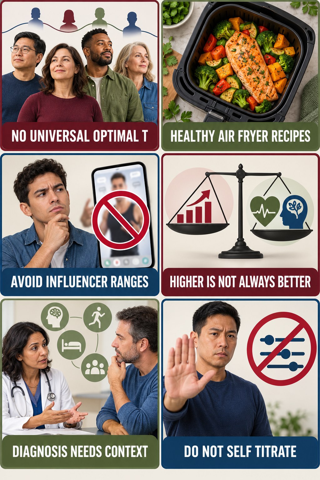 There Is No Universal Optimal T Number testosterone-health-awareness infographic for Healthy Air Fryer Recipes with four concise educational checks.