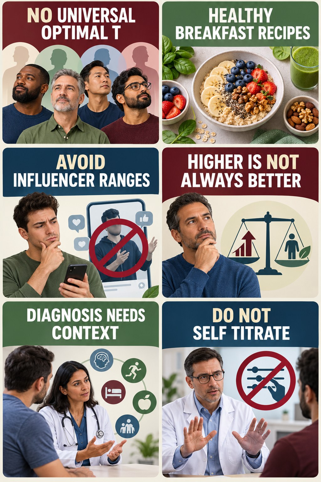 There Is No Universal Optimal T Number testosterone-health-awareness infographic for Healthy Breakfast Recipes with four concise educational checks.