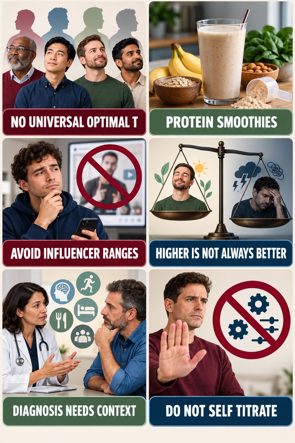There Is No Universal Optimal T Number testosterone-health-awareness infographic for Protein Smoothies with four concise educational checks.