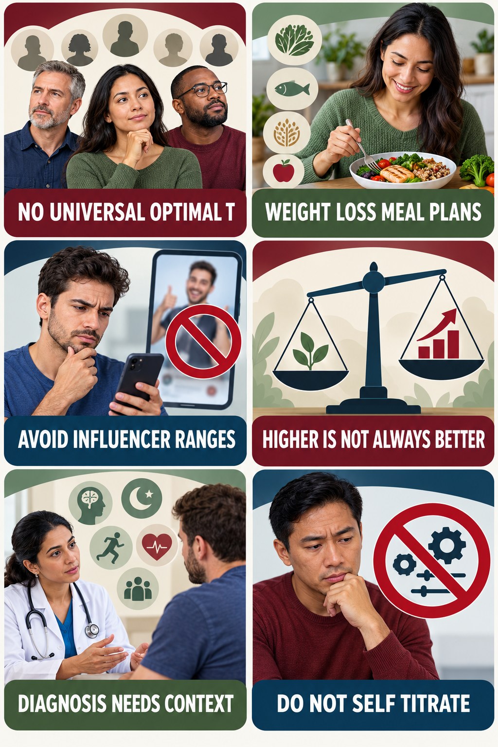 There Is No Universal Optimal T Number testosterone-health-awareness infographic for Weight Loss Meal Plans with four concise educational checks.