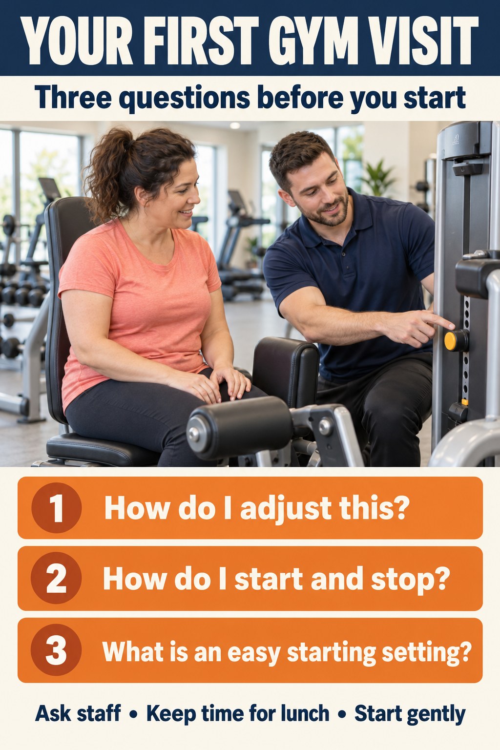 Gym staff explains an exercise machine adjustment to a beginner beside three questions about setup, stopping, and starting gently.
