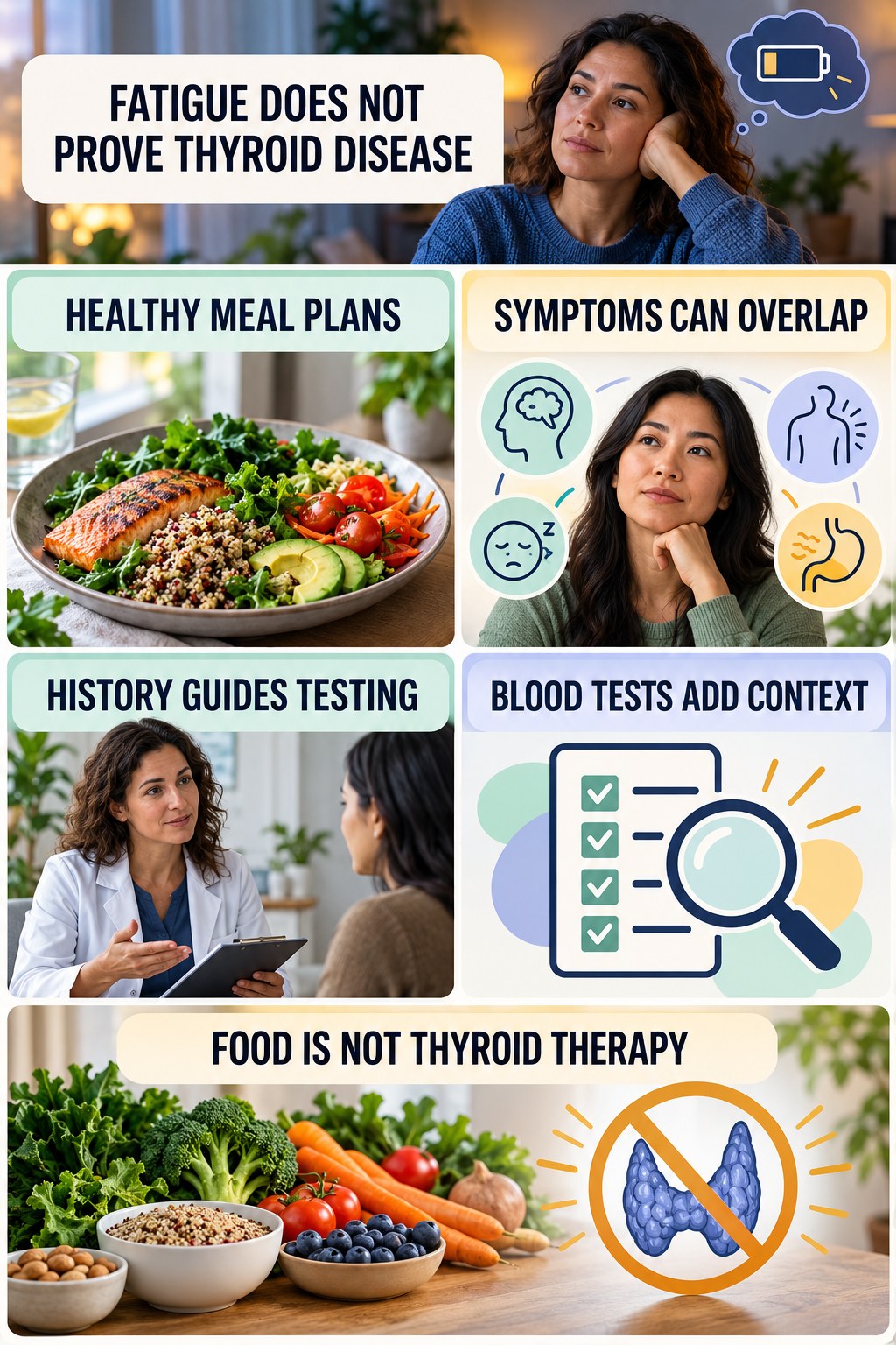 Thyroid Symptoms Need Proper Evaluation natural-energy and hormone-health-literacy infographic for Healthy Meal Plans with four practical checks.