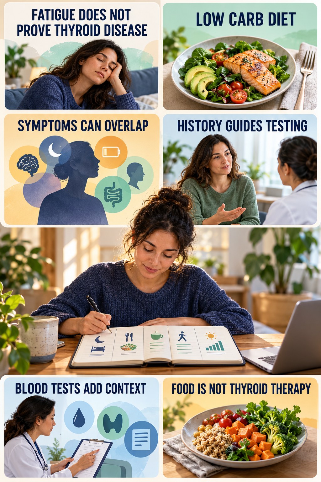 Thyroid Symptoms Need Proper Evaluation natural-energy and hormone-health-literacy infographic for Low Carb Diet with four practical checks.