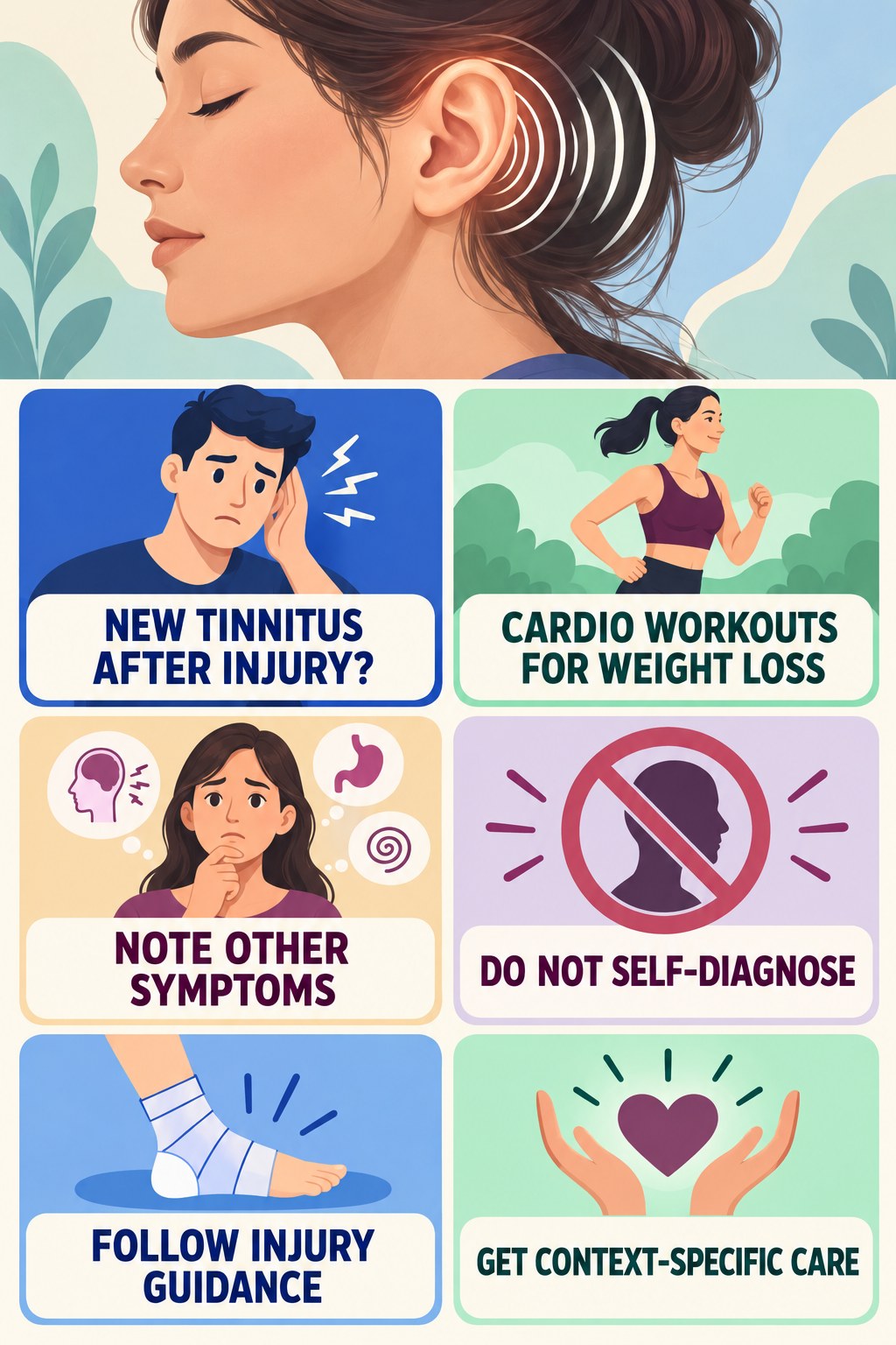 Tinnitus After Head Injury infographic for Cardio Workouts for Weight Loss with four concise evaluation-guidance points.