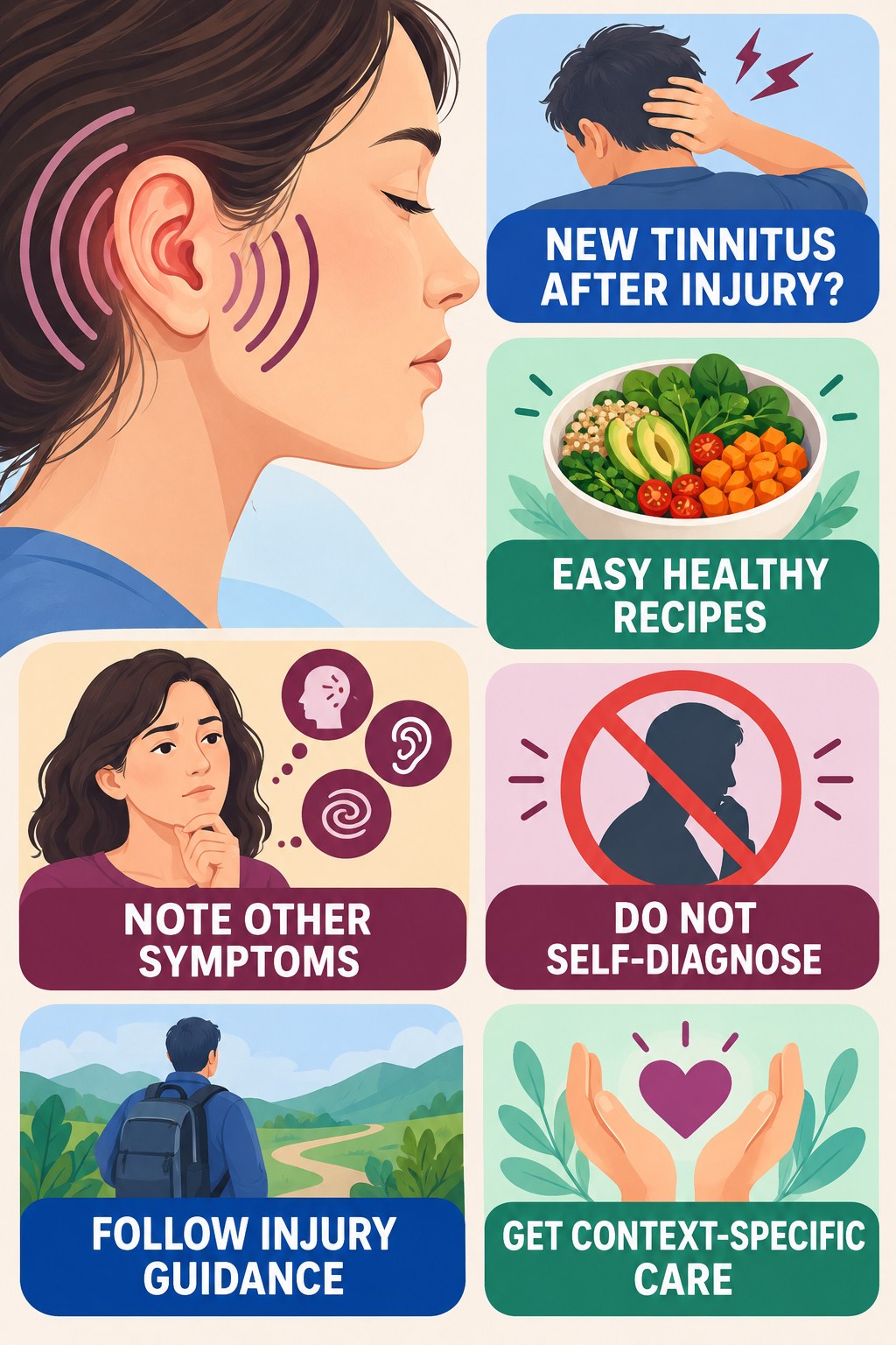 Tinnitus After Head Injury infographic for Easy Healthy Recipes with four concise evaluation-guidance points.