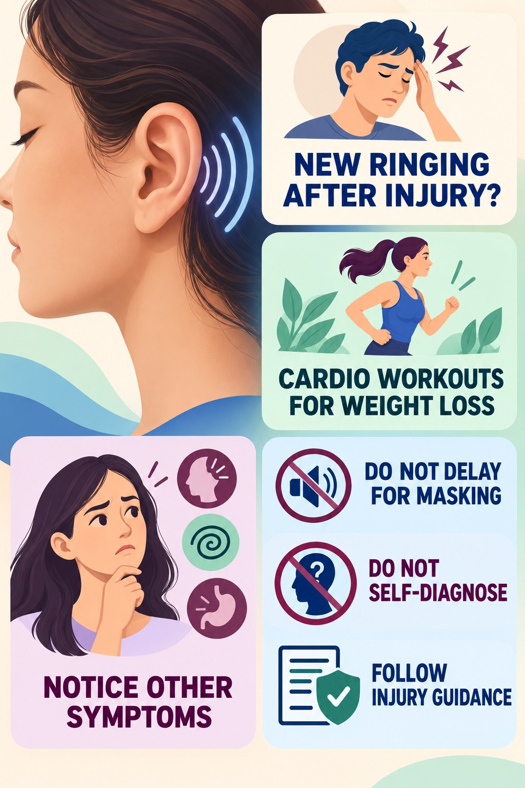 Tinnitus After Head Injury infographic for Cardio Workouts for Weight Loss with four concise tinnitus-awareness points.