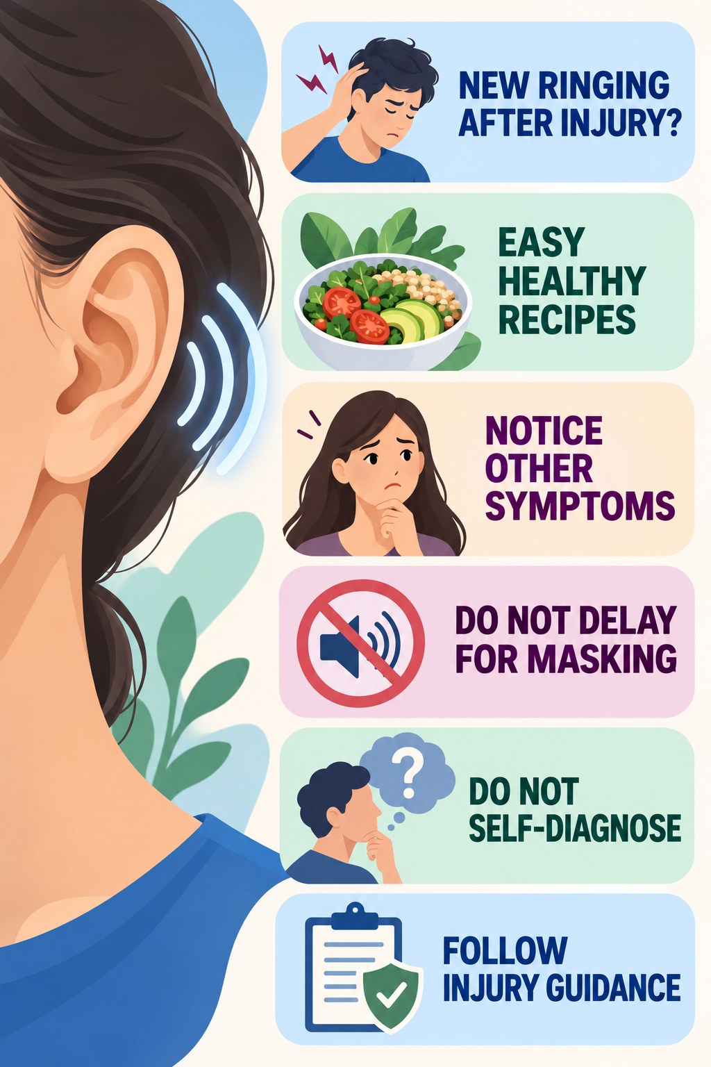 Tinnitus After Head Injury infographic for Easy Healthy Recipes with four concise tinnitus-awareness points.