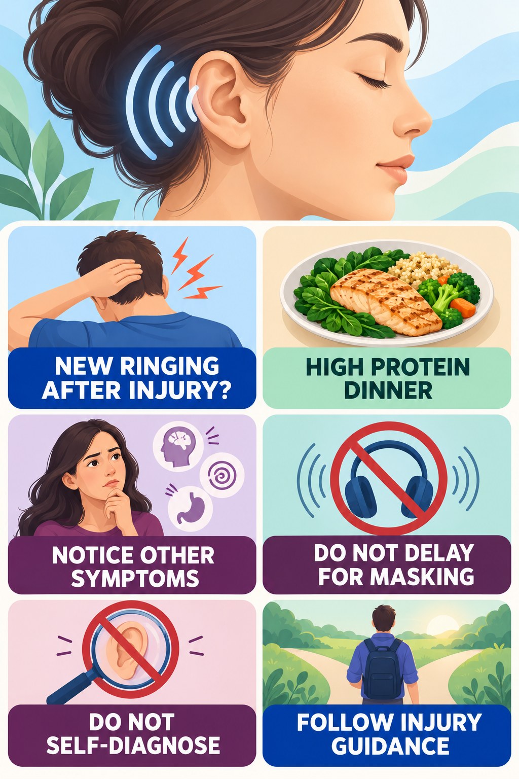 Tinnitus After Head Injury infographic for High Protein Dinner with four concise tinnitus-awareness points.