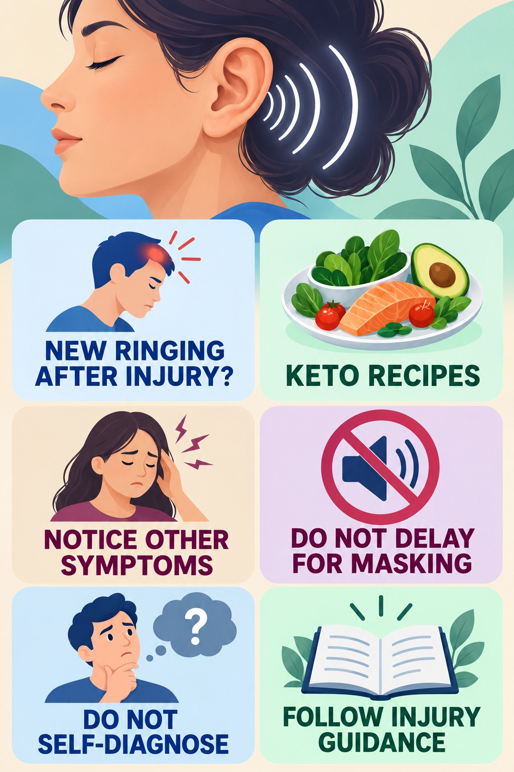 Tinnitus After Head Injury infographic for Keto Recipes with four concise tinnitus-awareness points.