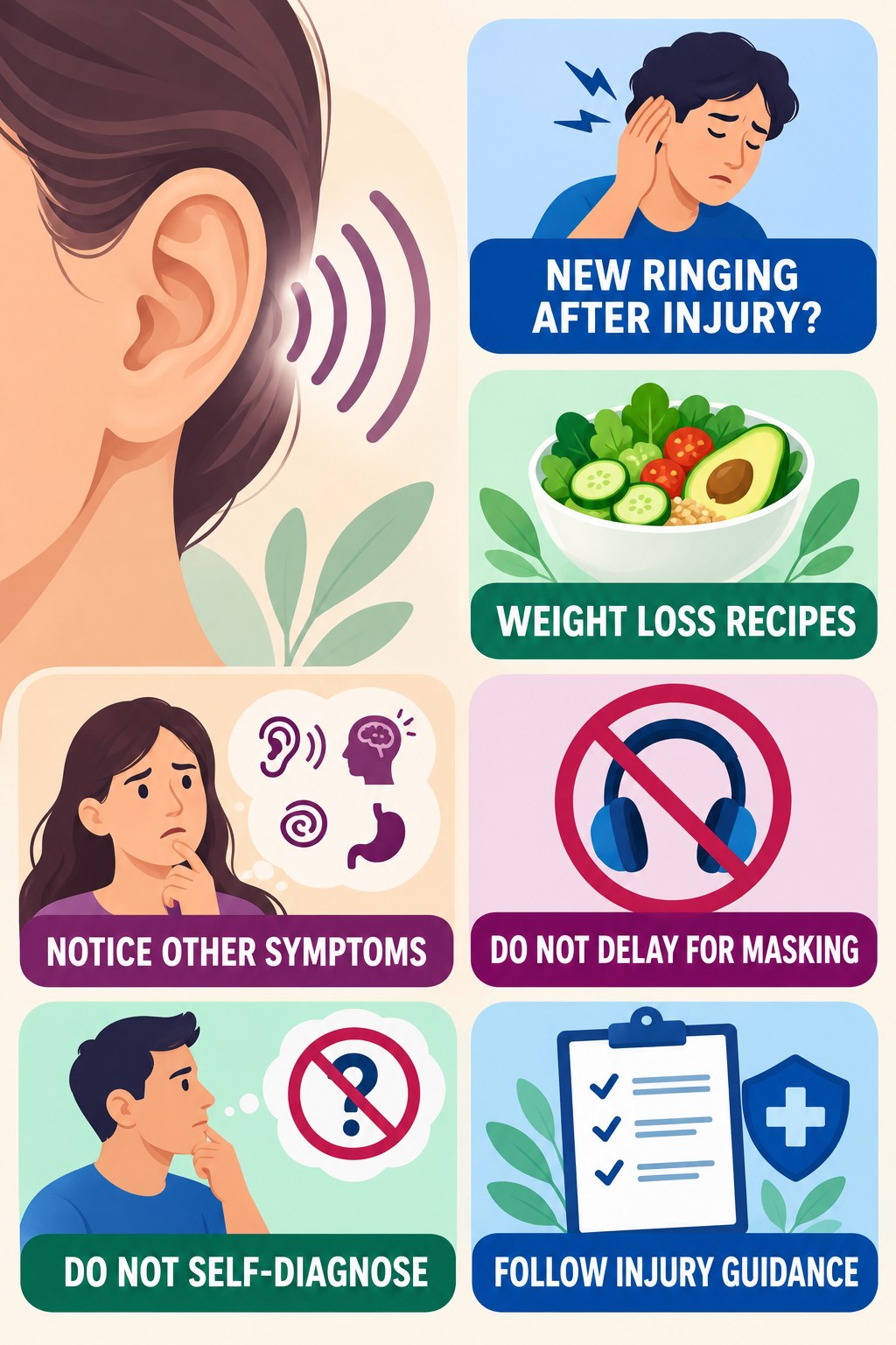 Tinnitus After Head Injury infographic for Weight Loss Recipes with four concise tinnitus-awareness points.
