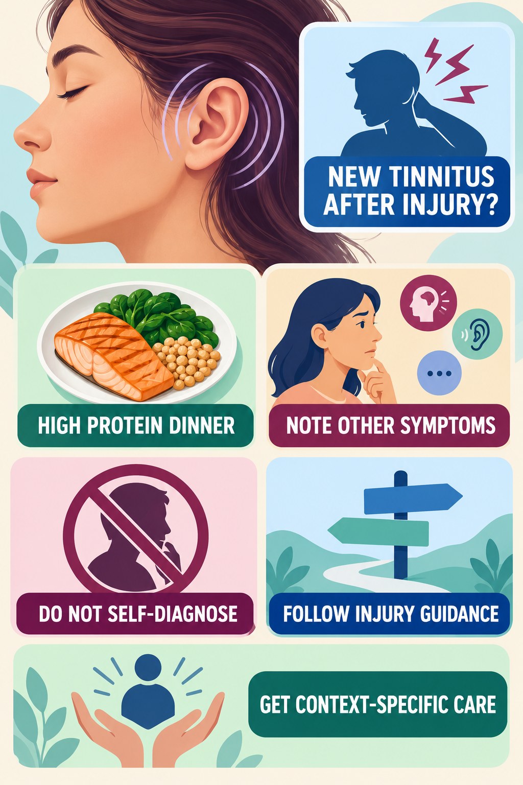 Tinnitus After Head Injury infographic for High Protein Dinner with four concise evaluation-guidance points.