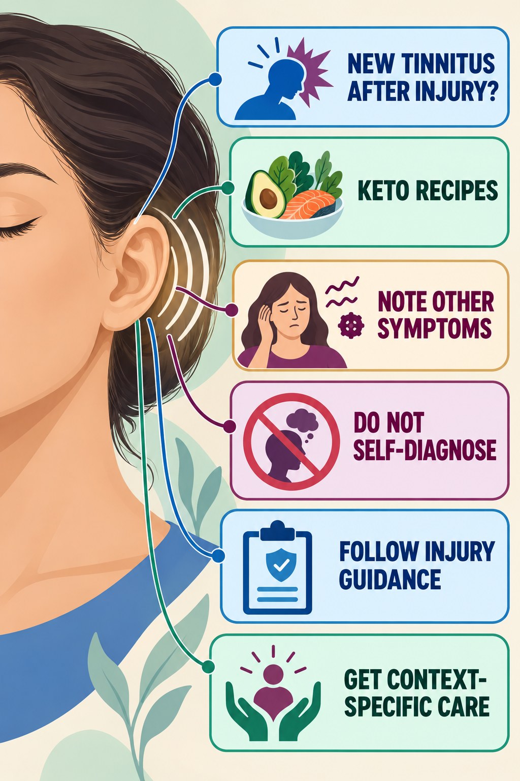 Tinnitus After Head Injury infographic for Keto Recipes with four concise evaluation-guidance points.