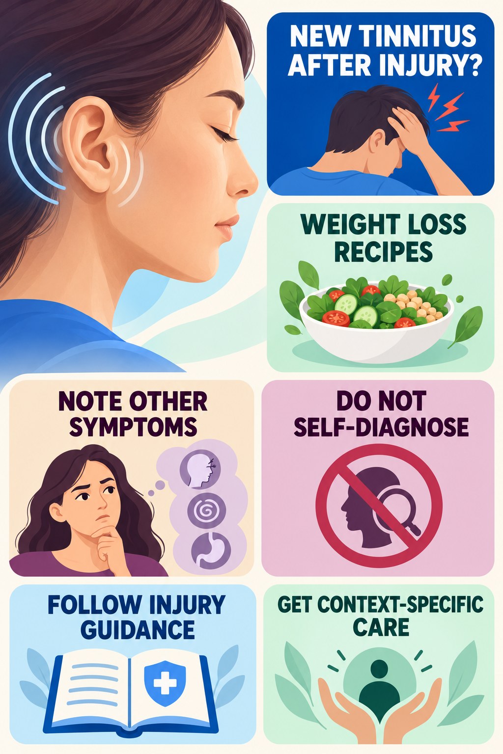 Tinnitus After Head Injury infographic for Weight Loss Recipes with four concise evaluation-guidance points.