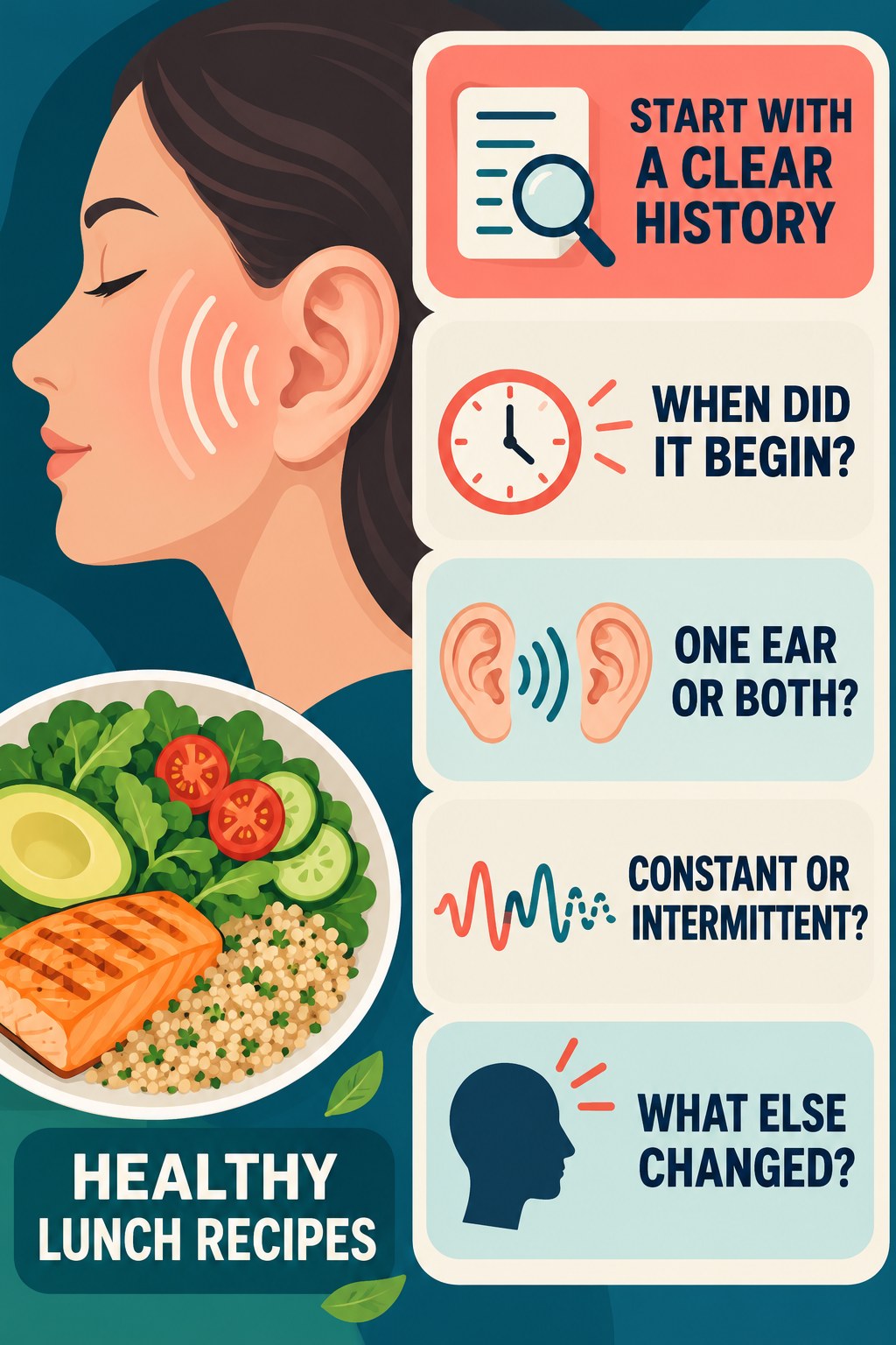Tinnitus History Questions infographic for Healthy Lunch Recipes with four concise evaluation-guidance points.