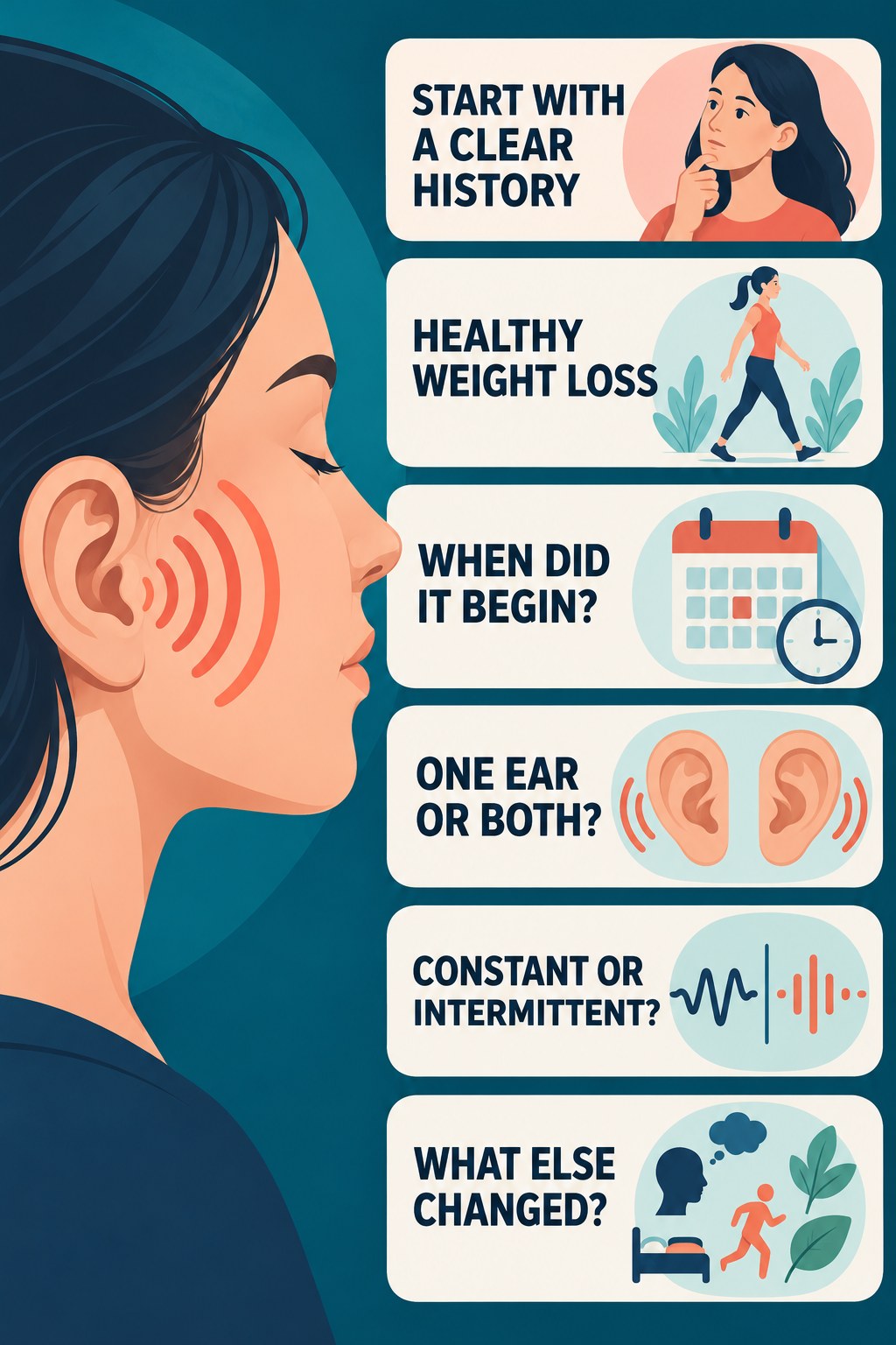 Tinnitus History Questions infographic for Healthy Weight Loss with four concise evaluation-guidance points.