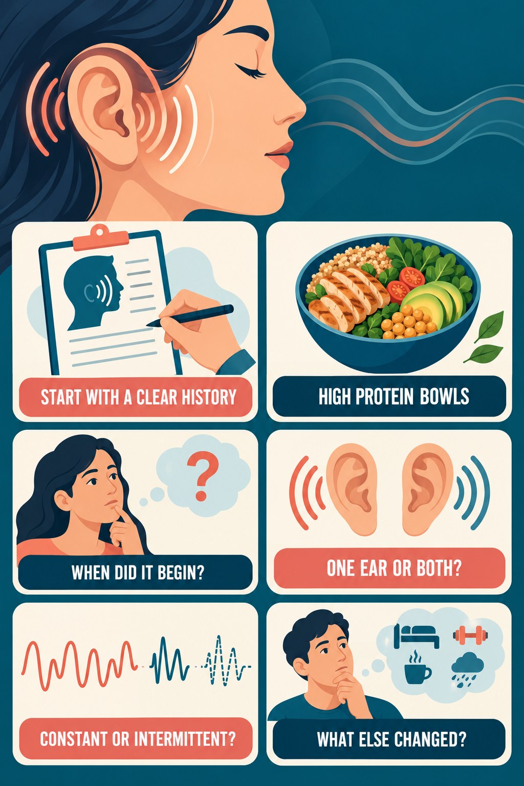 Tinnitus History Questions infographic for High Protein Bowls with four concise evaluation-guidance points.