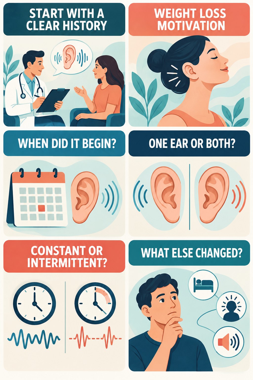 Tinnitus History Questions infographic for Weight Loss Motivation with four concise evaluation-guidance points.