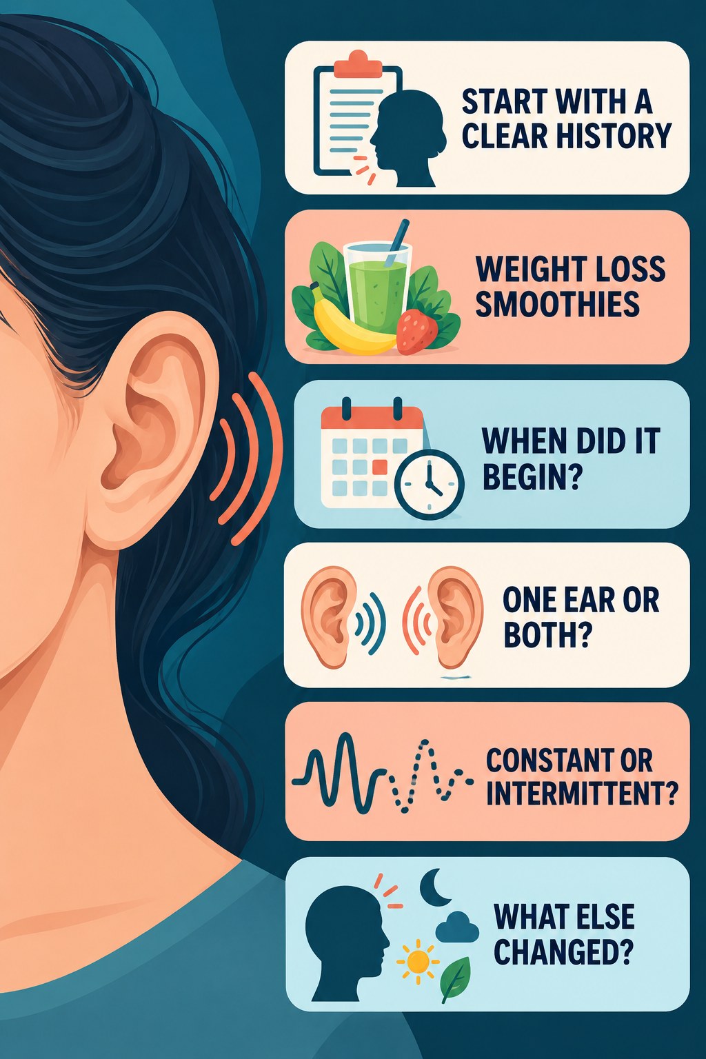 Tinnitus History Questions infographic for Weight Loss Smoothies with four concise evaluation-guidance points.