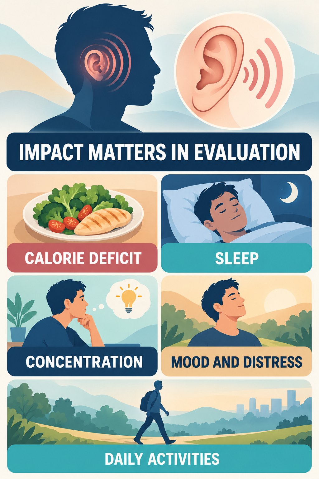 Tinnitus Impact Assessment infographic for Calorie Deficit with four concise evaluation-guidance points.