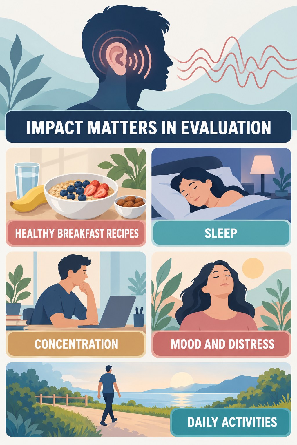 Tinnitus Impact Assessment infographic for Healthy Breakfast Recipes with four concise evaluation-guidance points.