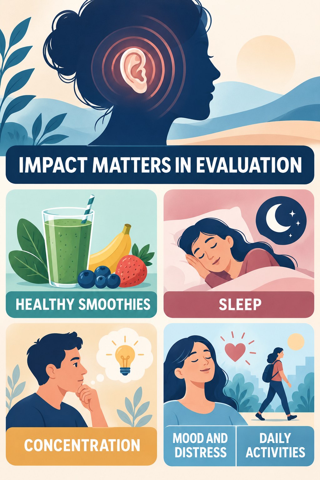 Tinnitus Impact Assessment infographic for Healthy Smoothies with four concise evaluation-guidance points.