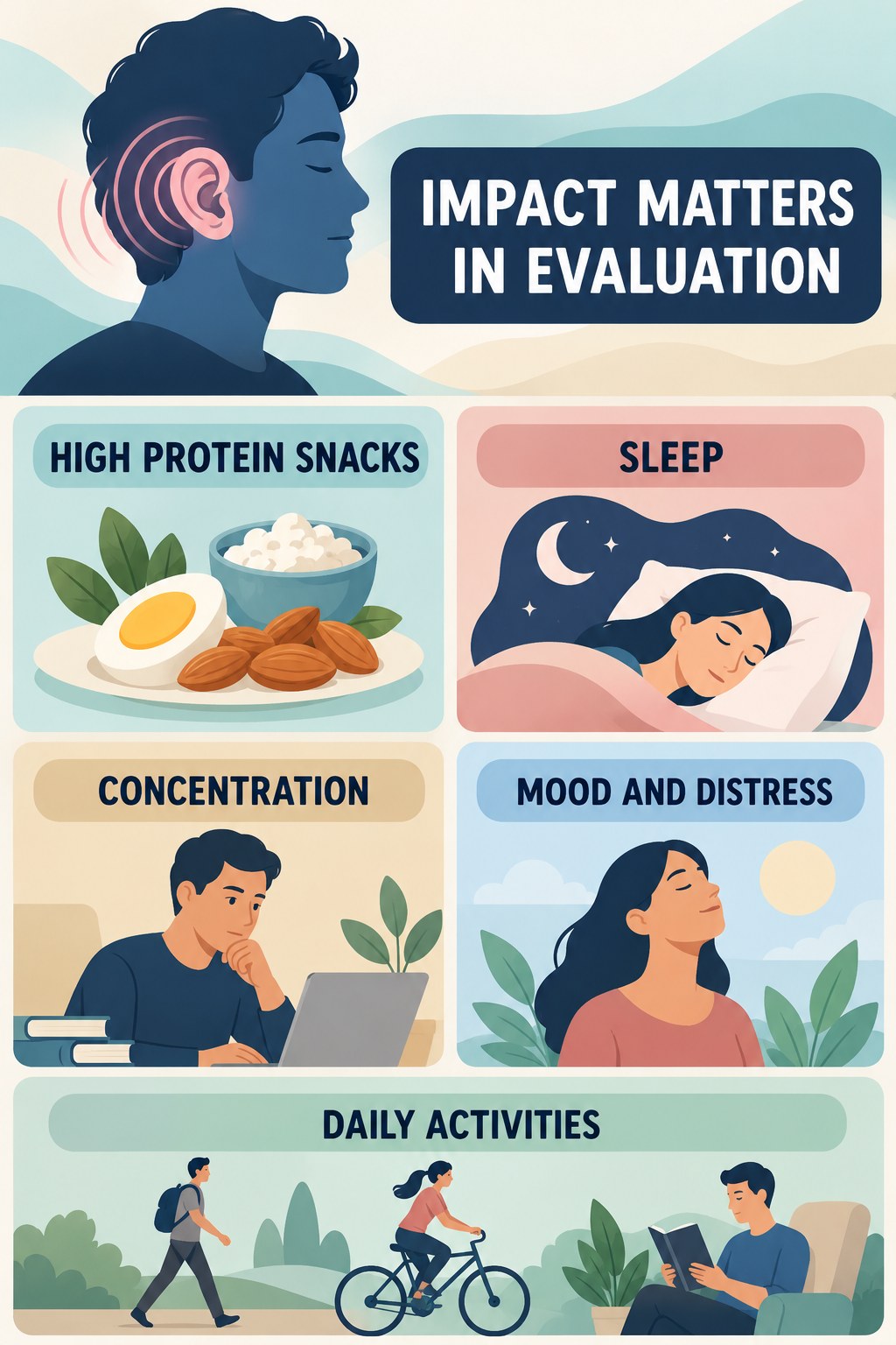 Tinnitus Impact Assessment infographic for High Protein Snacks with four concise evaluation-guidance points.