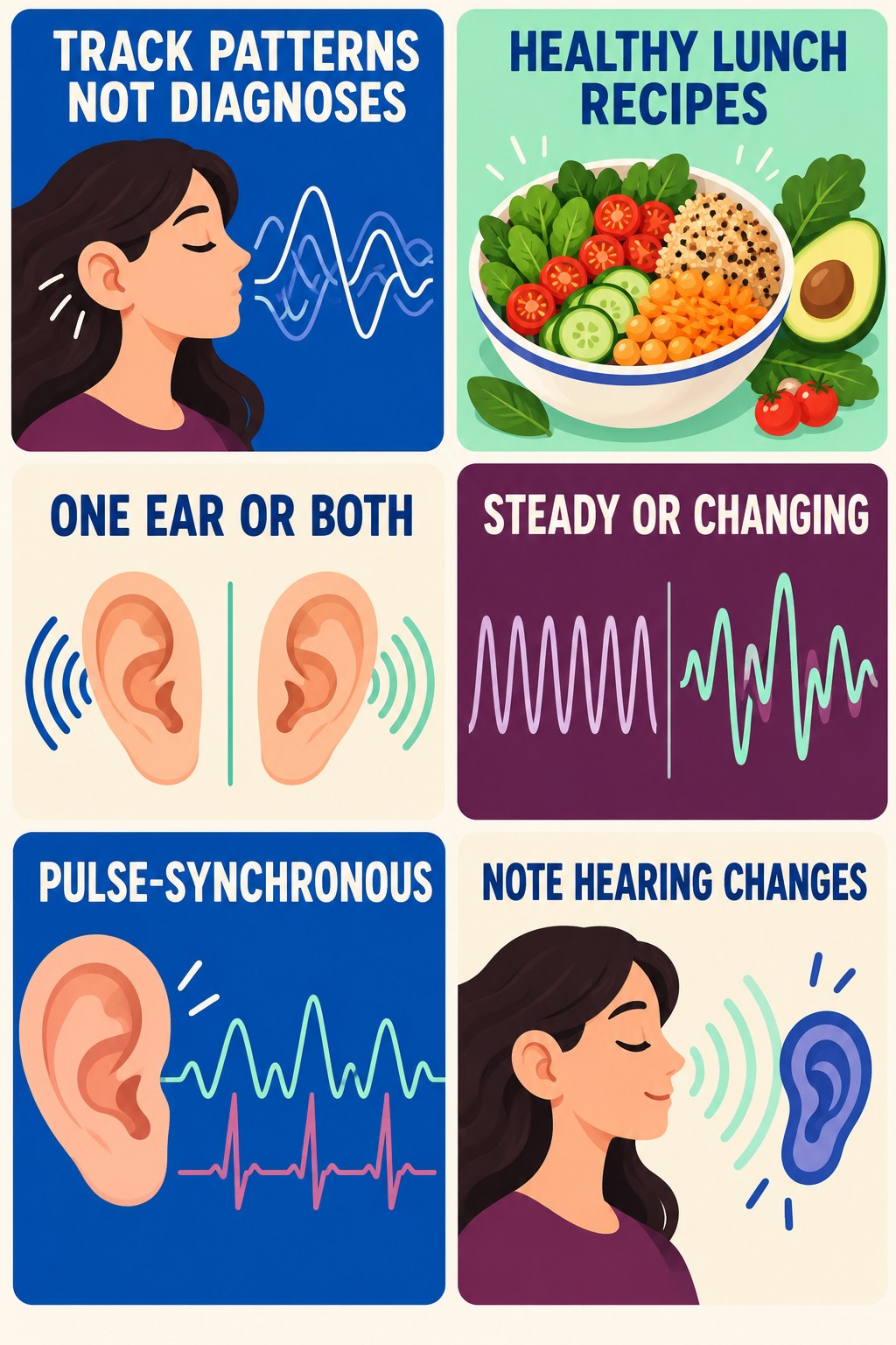Tinnitus Pattern Tracking infographic for Healthy Lunch Recipes with four concise tinnitus-awareness points.