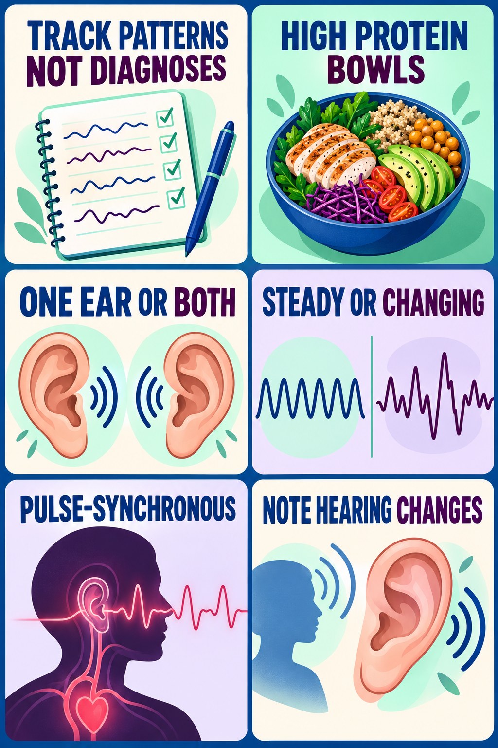Tinnitus Pattern Tracking infographic for High Protein Bowls with four concise tinnitus-awareness points.