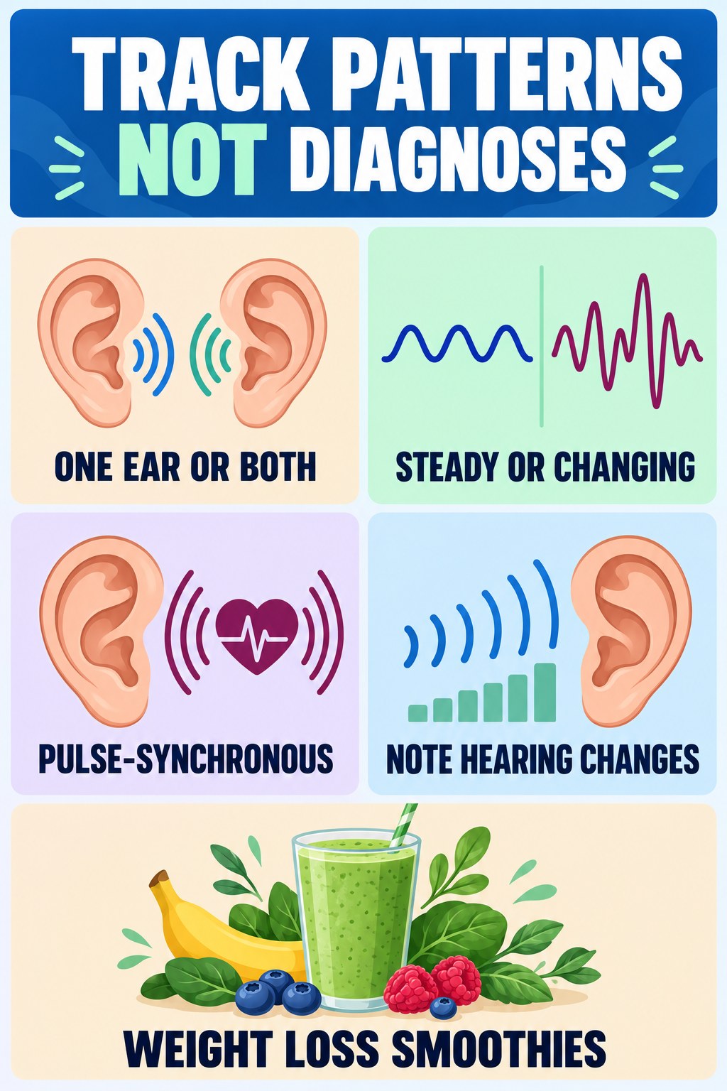 Tinnitus Pattern Tracking infographic for Weight Loss Smoothies with four concise tinnitus-awareness points.