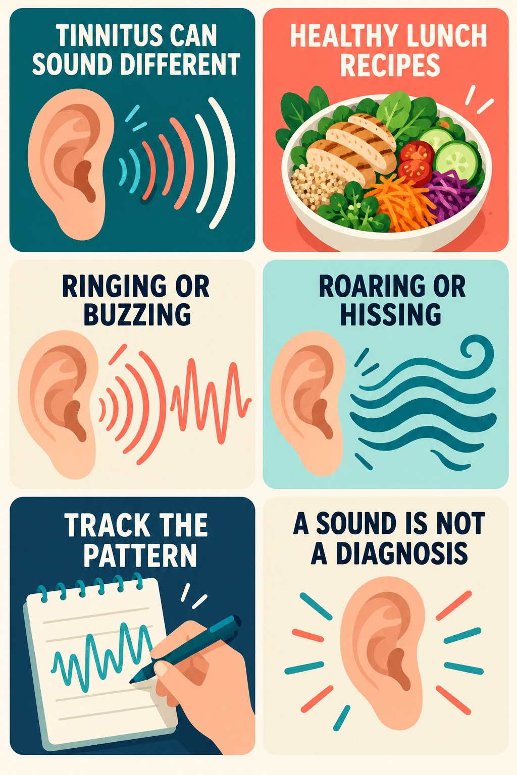 Tinnitus Sounds and Meaning infographic for Healthy Lunch Recipes with four concise tinnitus-awareness points.