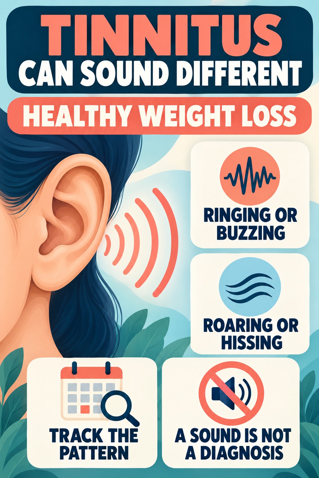 Tinnitus Sounds and Meaning infographic for Healthy Weight Loss with four concise tinnitus-awareness points.