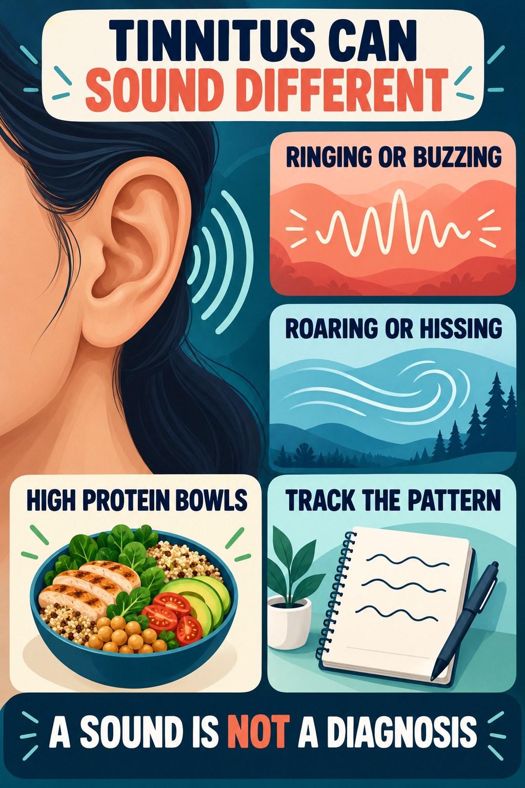 Tinnitus Sounds and Meaning infographic for High Protein Bowls with four concise tinnitus-awareness points.