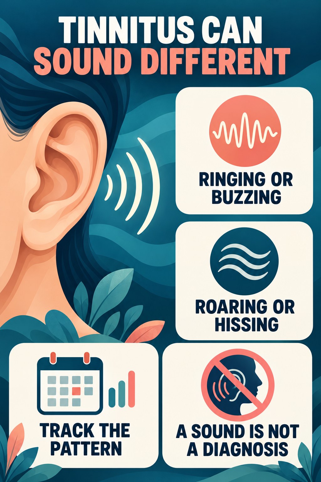 Tinnitus Sounds and Meaning infographic for Weight Loss Motivation with four concise tinnitus-awareness points.