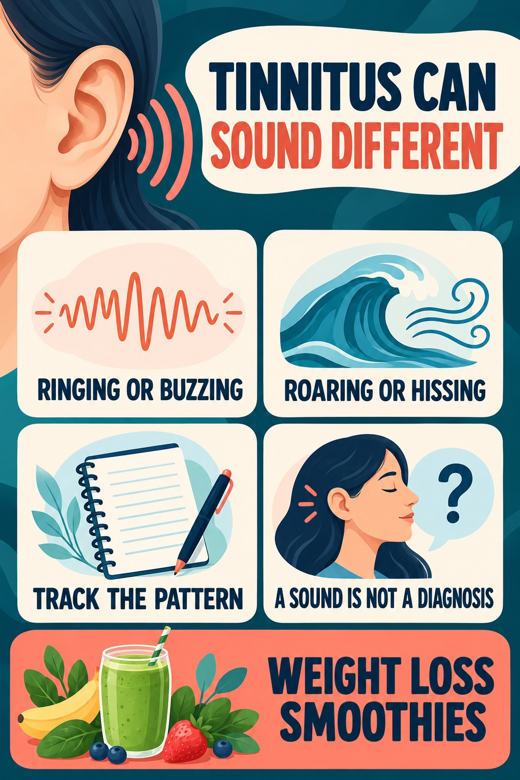 Tinnitus Sounds and Meaning infographic for Weight Loss Smoothies with four concise tinnitus-awareness points.