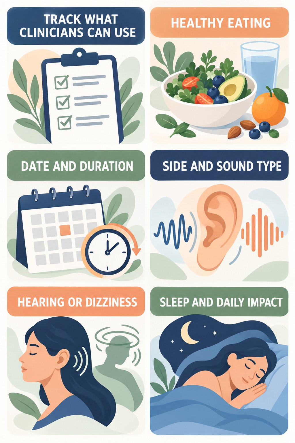 Tinnitus Symptom Tracking infographic for Healthy Eating with four concise evaluation-guidance points.