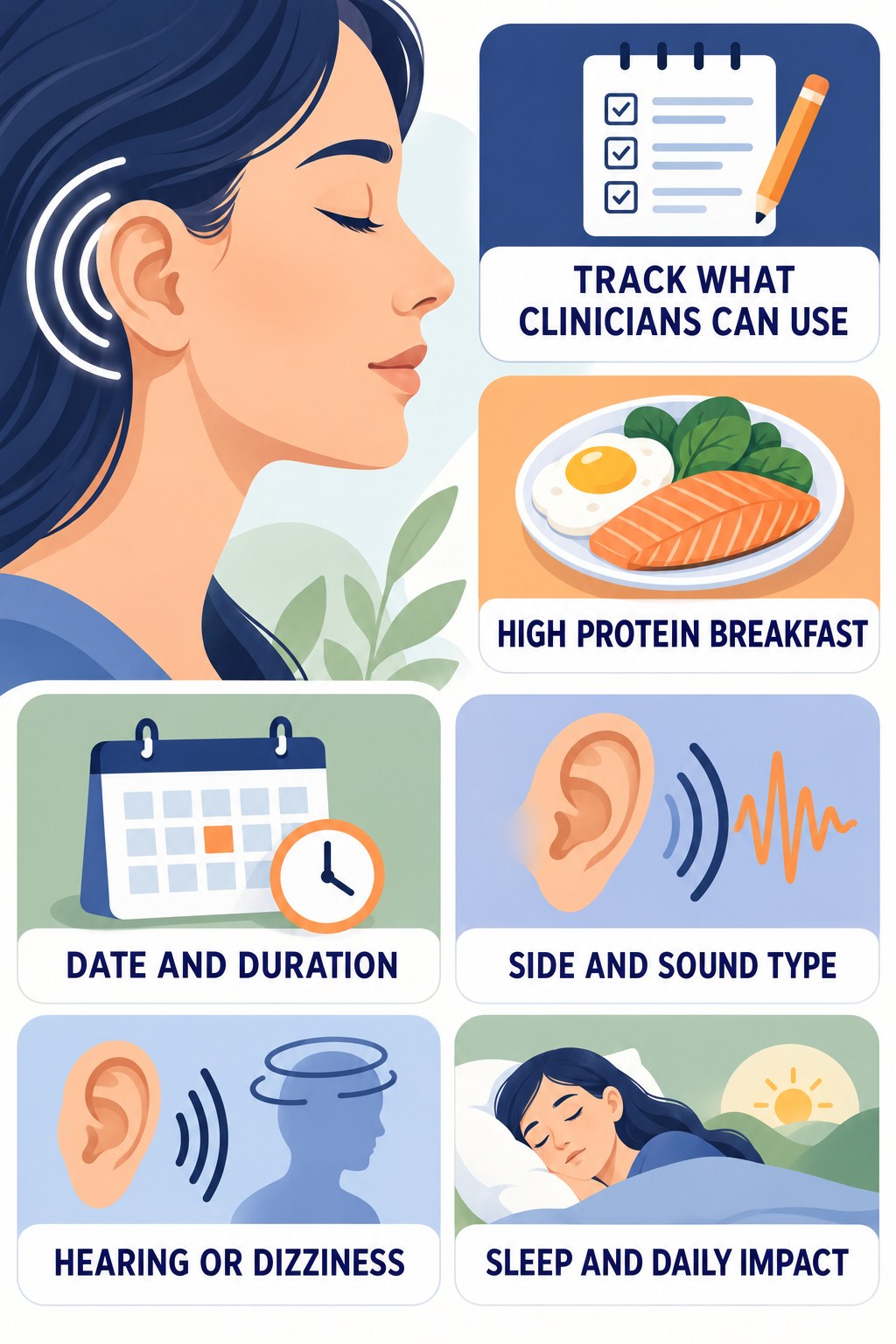 Tinnitus Symptom Tracking infographic for High Protein Breakfast with four concise evaluation-guidance points.